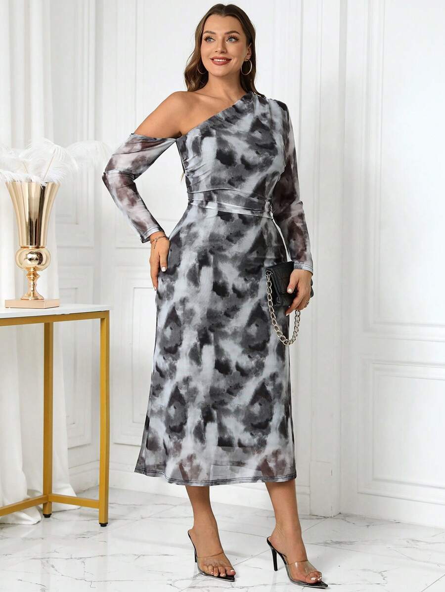 SHEIN Clasi Curvy Plus Size Women's Off Shoulder Off Shoulder Printed Asymmetric Collar Long Sleeve Elegant Fashion Long Dress For Autumn And Winter, Guest Party Party Dress, Going Out,Holiday Party Dress - Dark Grey - View 1