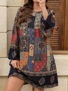 SHEIN LUNE 大码女式花卉印花圆领灯笼袖宽松直筒 A 字裙，节日风格感恩节装扮女士派对礼服