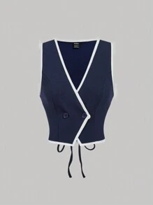 SHEIN MOD Retro Color Block Trim Women Set, Blazer Suit, Early Autumn Outfit - Navy Blue - View 7