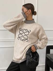 SHEIN Frenchy Women Casual Everyday Embroidered Detail Drop Shoulder Sweater, Autumn/Winter
