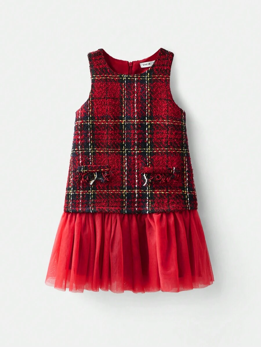 Maija Kids Maija Kids 年轻女孩休闲粗花呢撞色网眼拼接连衣裙 - 紅色 - 查看 1