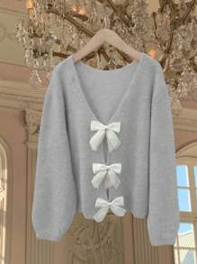 SHEIN Frenchy Casual Bowknot Decor Long Sleeve Pullover Sweater - Grey - View 7