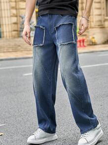 Manfinity Roughcore Men's Faded Denim Baggy Jeans With Square Patches - Blue - View 6