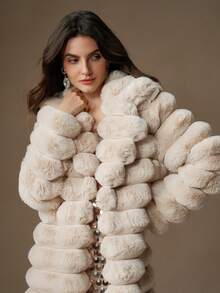 Anewsta New Autumn/Winter Fluffy Long Coat, Women Fashionable Faux Rabbit Fur Overcoat - Beige - View 2