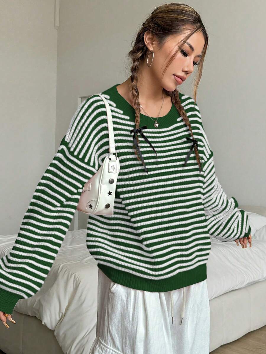 Flirla Striped Print Crew Neck Casual Versatile Long Sleeve Sweater Knit Pullover Fall Winter - Green - View 1