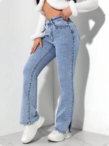 SHEIN PETITE 女士休闲喇叭口袋牛仔裤 - 藍色 - 查看 4