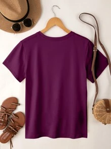 SHEIN LUNE 女士休闲短袖圆领 T 恤，简约脸部线条画和闭眼女性印花图案 T 恤女式上衣 - 紫色 - 查看 2