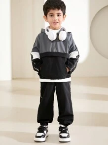 Set de 2 piezas chaqueta con capucha y pantalones de niño joven con contraste de color y cinta, atuendo casual de otoño