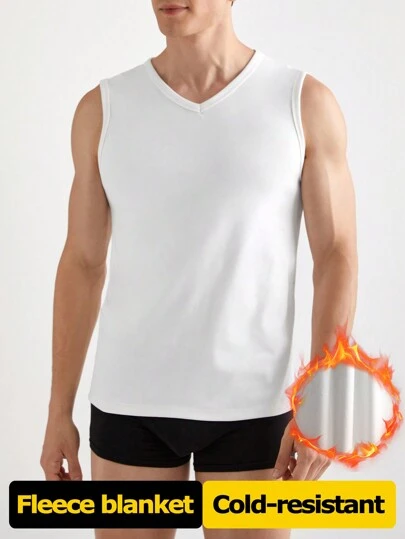 Men's Solid Color V-Neck Sleeveless Thermal Underwear Top, Casual And Warm For Everyday Wear, Fall / Winter