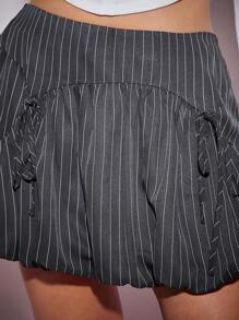 SHEIN SXY 大码休闲通勤条纹抽绳腰褶皱半身裙 - 米色 - 查看 3