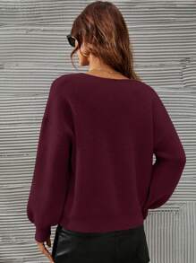 SHEIN Frenchy Women's Solid V-Neck Drop Shoulder Long Sleeve Casual Pullover Sweater, Autumn/Winter Christmas Red New Year Burgundy Valentine's Day - Burgundy - View 2