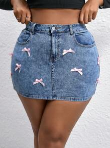 SHEIN SXY 大码紧身迷你蝴蝶结蓝色迷你牛仔裙秋季女款夏季 - 中等水洗藍 - 查看 4