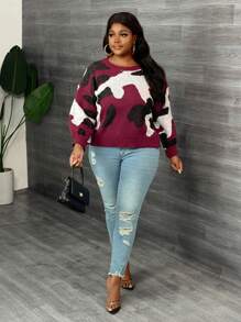 Slaydiva Plus Size Women Casual Military Green Camouflage Pattern Pullover Sweater - Burgundy - View 3