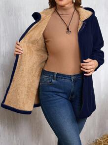 Plus Size Solid Color Thermal Lined Hooded Zip Up Long Sleeve Jacket, Autumn/Winter - Navy Blue - View 7