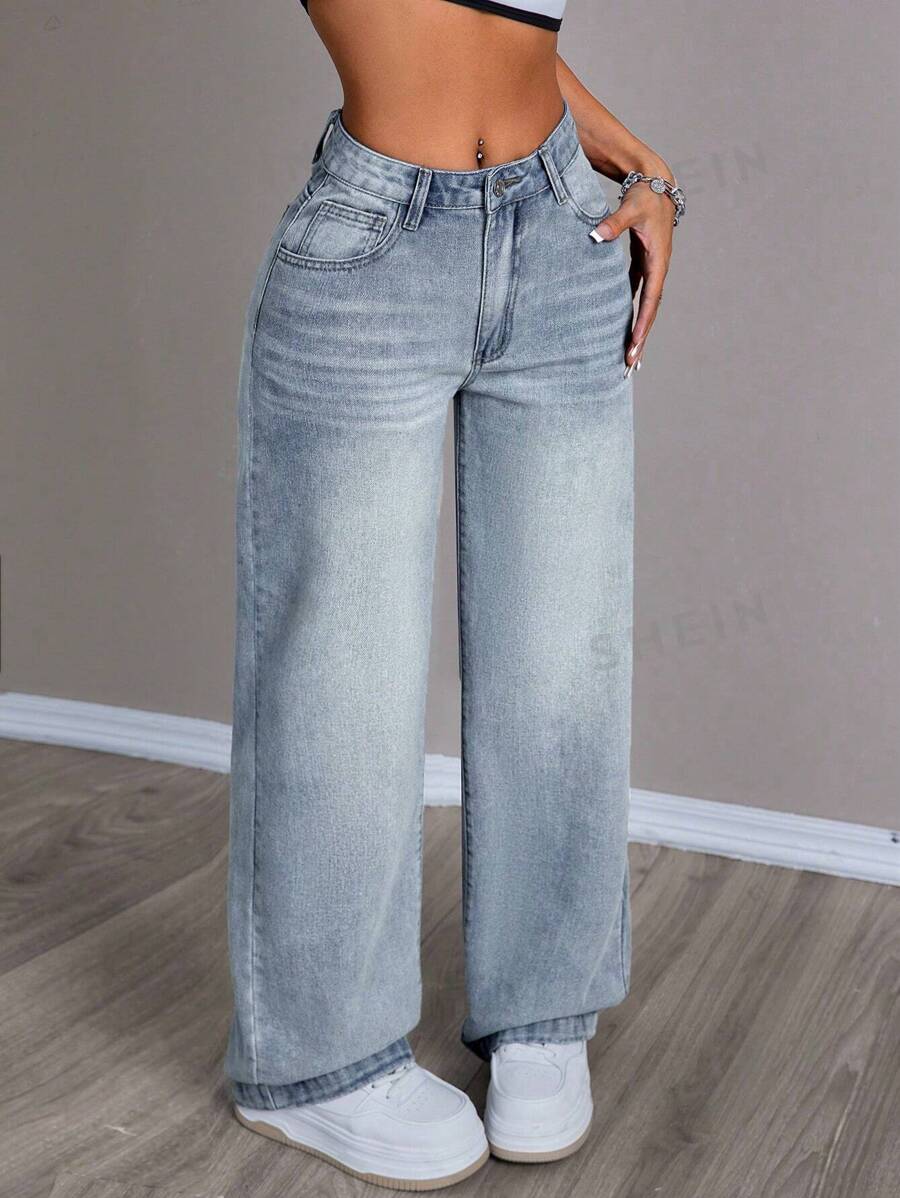 SHEIN Tall Pantalones vaqueros informales de longitud hasta el tobillo con lavado a rayas de gato para mujeres, otoño