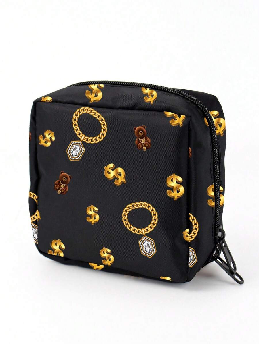 ORANGE STUDIO Artist Bear & Golden Chain Print, Black, Cosmetic Organizer, Sanitary Napkin Storage Bag - Multicolor - View 1