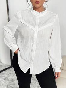 Celure Camisa informal con botones y volantes de manga larga en unicolor para mujer talla grande