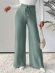 Chiquease Women's Solid Color Tie Waist Loose Wide Leg Knitted Pants