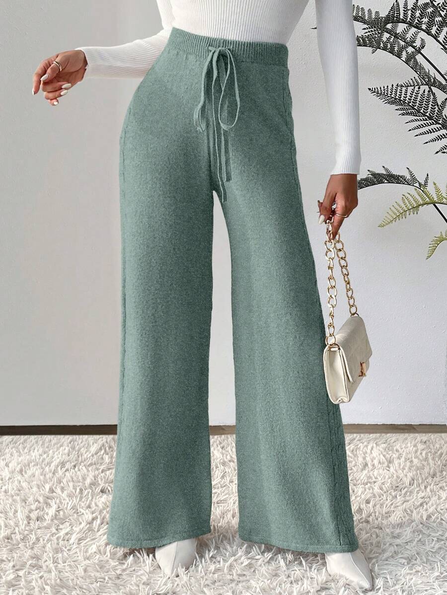Chiquease Women's Solid Color Tie Waist Loose Wide Leg Knitted Pants