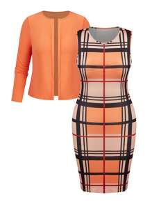 SHEIN Clasi Bộ 2 món/bộ cỡ lớn: Áo thun trơn màu thường ngày & váy kẻ caro không tay, mùa thu - trái cam - Xem 1