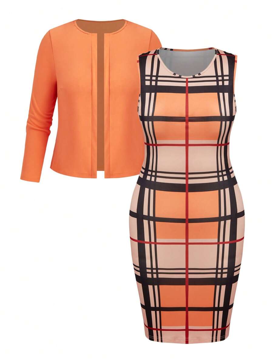 SHEIN Clasi Bộ 2 món/bộ cỡ lớn: Áo thun trơn màu thường ngày & váy kẻ caro không tay, mùa thu - trái cam - Xem 1