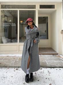SHEIN EZwear Houndstooth Print Belted Loose Long Coat - Black and White - View 5