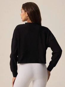 Lifespree Round Neck Side Slit Design Sport Sweatshirt - Black - View 2