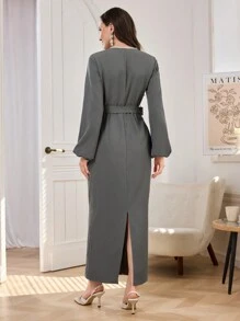 Modelyn Women's Deep V-Neck Patchwork Trimmed Knit Belt Fitted Straight Long Dress Maxi Women Outfit Long Evening Dresses - Light Grey - View 2