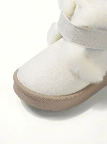 1 Pair Toddler Girls' Beige Hook And Loop Flat Fashionable Minimalist Comfortable Fluffy Lined Snow Boots, Winter - Beige - View 5