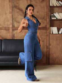 SHEIN EZwear 女士夏季时尚拉链半开领露背连帽牛仔连体裤 - 藍色 - 查看 3