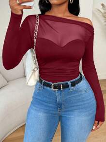 Zolique Women's Autumn Long Sleeve Oblique Shoulder Mesh Spliced Ruched T-Shirt For Spring Fall Cloth For Women - Burgundy - View 7