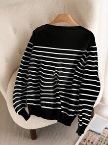 CosyJoli Plus Size Women Striped Round Neck Long Sleeve Casual T-Shirt, Autumn, For Winter Fall,Slightly Sheer