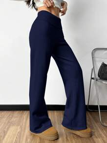 SHEIN EZwear 高腰喇叭下摆卡其色休闲运动裤 - 藏蓝色 - 查看 4