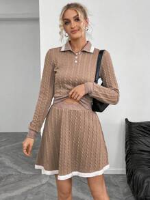 SHEIN Unity طقم ملابس علوية من القطيفة بياقة بولو كم طويل وتنورة خصر مطاطي باللون البني - قهوة بني - مشاهدة 4