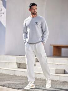 Manfinity Homme Men's Casual Minimalist Solid-Color Diamond Textured Fabric Flap Pocket Cargo Sweatpants, Long Vacation Baggy Drawstring Sweatpants, For Husband, Boyfriend Gifts