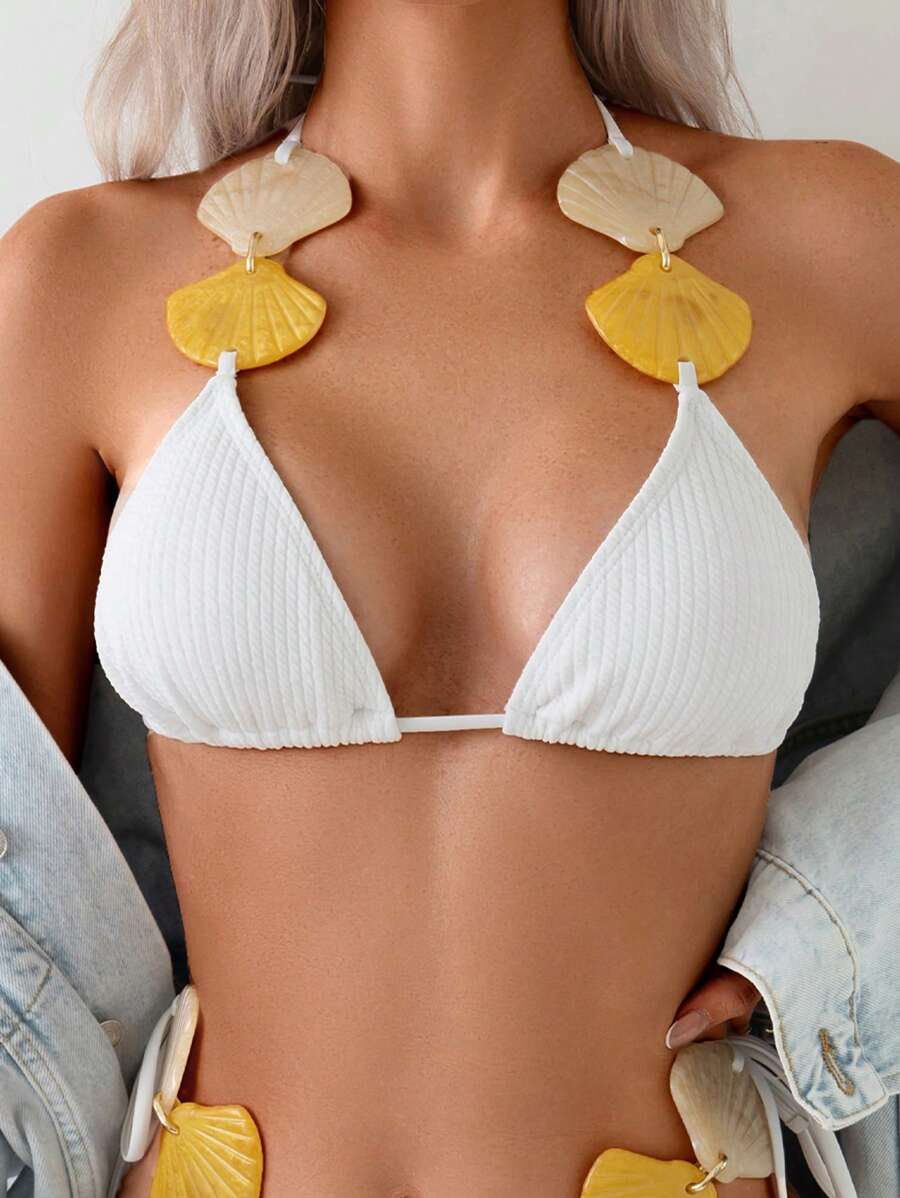 Women's Textured Shell Trim Halter Tied Back Bikini Top Summer - White - View 1