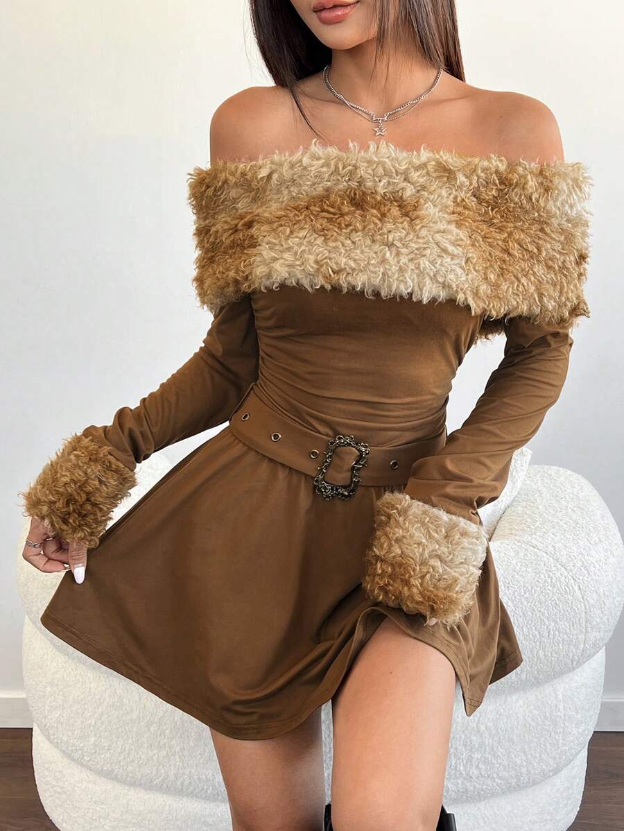 SHEIN Unity Váy trễ vai xếp ly lông cừu Teddy Gradient giản dị cho nữ (Cắt tỉa lông ngẫu nhiên) cho mùa thu/đông - Cà phê - Xem 1