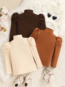 SHEIN Genkimix Kids 年轻女孩纯色高领长泡泡袖休闲 T 恤，适合秋季 - 彩色 - 查看 2