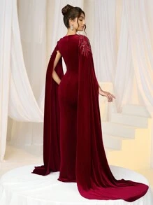 SHEIN Belle 女士优雅针织天鹅绒红色贴花褶皱腰正式晚礼服，圣诞礼服提花情人节鸡尾酒礼服，晚礼服正式派对礼服秋冬，性感网眼长袖伴娘礼服，舞会礼服，适合婚礼嘉宾，毕业典礼，晚宴 - 酒紅色 - 查看 2