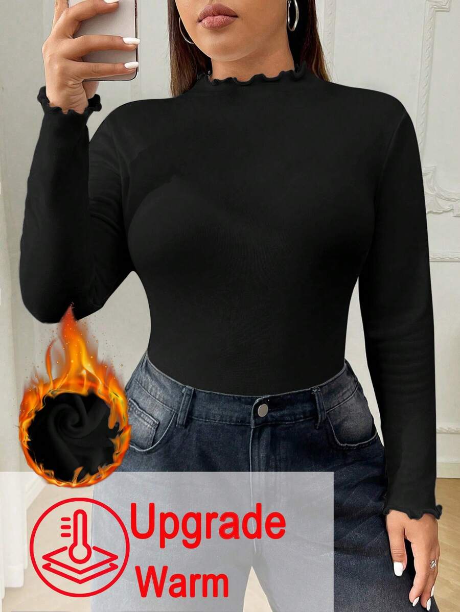 SHEIN EZwear 加大码女式加厚保暖立领长袖紧身T恤，秋冬季保暖 - 黑色 - 查看 1