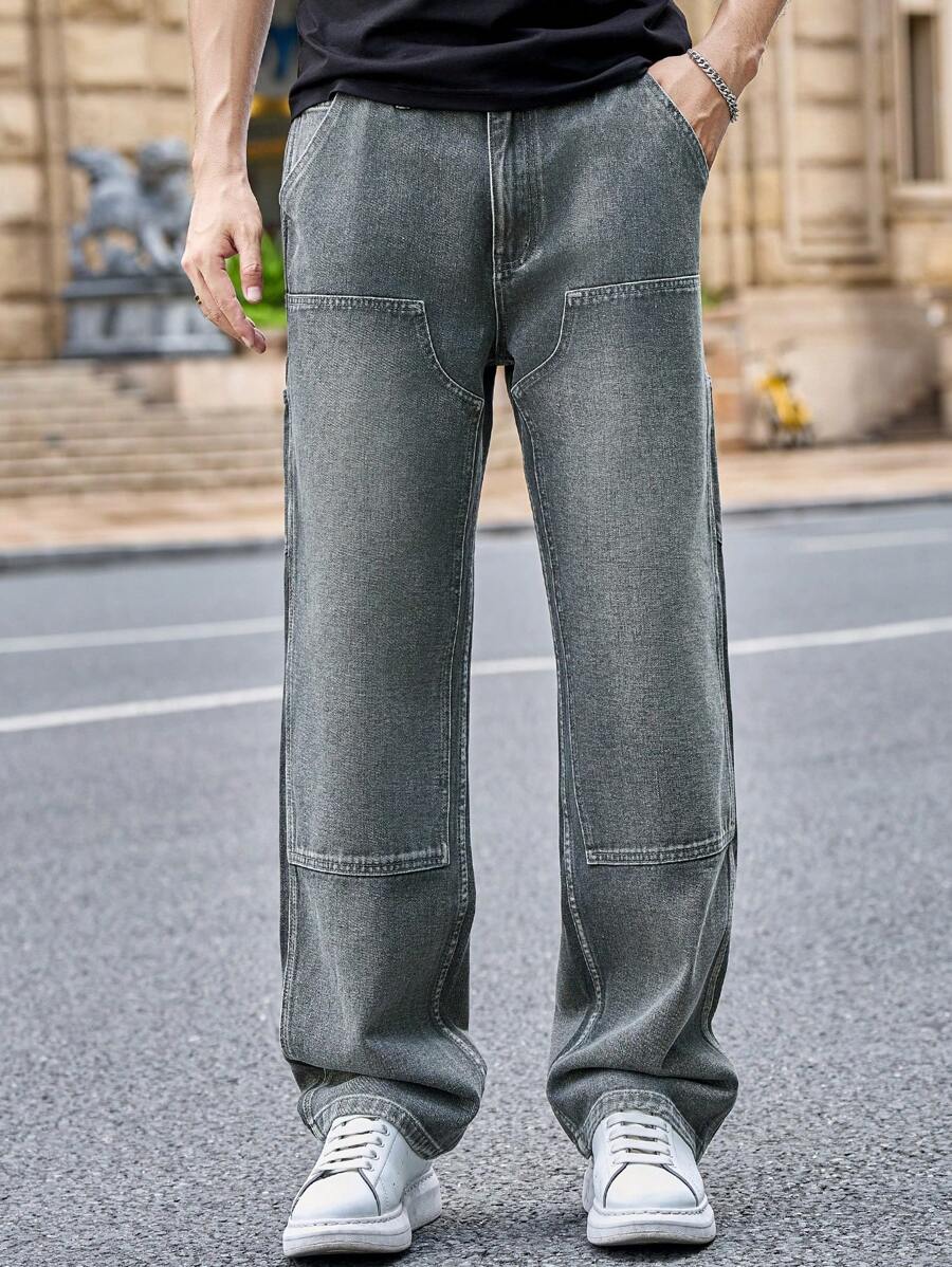 Manfinity Homme Calça jeans masculina reta casual larga com bolsos, moda streetwear da moda - Cinza - Ver 1