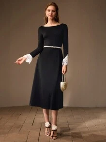 MOTF PREMIUM BOAT NECK CONTRAST GUIPURE LACE FLARE SLEEVE DRESS WITHOUT BELT - Black - View 4