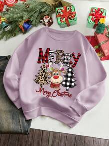 INAWLY 女士圣诞标语印花长袖保暖内衬卫衣，常规版型，秋冬套头衫 - 紫丁香色 - 查看 1