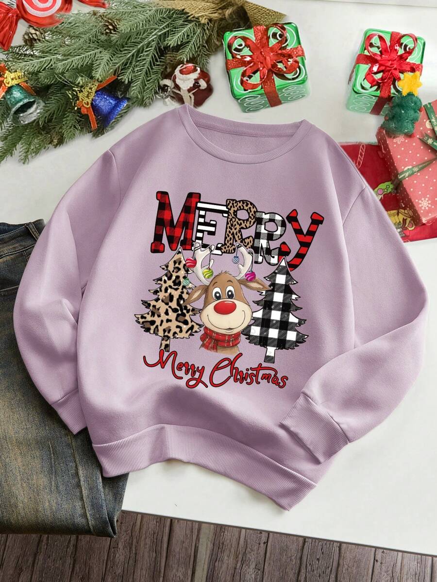 INAWLY 女士圣诞标语印花长袖保暖内衬卫衣，常规版型，秋冬套头衫 - 紫丁香色 - 查看 1