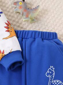 Set de 2 piezas con sudadera y pantalón jogger con estampado de dinosaurios de dibujos animados en estilo universitario casual para niño, cómodo y versátil para uso diario