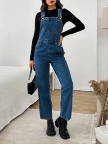 RueChic WOMEN SLANT POCKET DENIM PINAFORE JUMPSUIT - Medium Wash - View 5