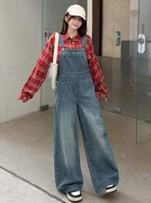 DAZY Women's Casual Denim Bib Pants, Minimalist Fashion, Everyday Wear - Medium Wash - View 3