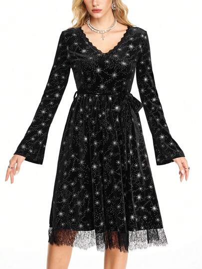 Hippie Women Velvet & Lace Trim Floral Bohemian Mini Dress