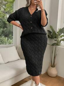 Plus Size Women Knitted Thick Two-Piece Set, Casual Strappy V-Neck Long Sleeve Cardigan And Plain Knit Long Skirt, Autumn/Winter Fall Cloth For Women - Black - View 6