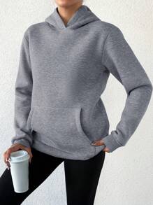 SHEIN Cottnline Women'S Kangaroo Pocket Fleece Lined Hoodie, Keep Warm - Grey - View 3